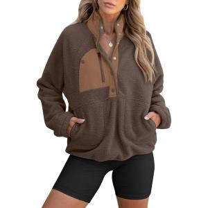 ANRABESS Women Fuzzy Fleece Pullover Sherpa Sweatshirt Long Sleeve Button Down Warm Soft Color Block Jackets with Pockets(Brown)