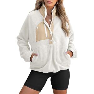 ANRABESS Women Fuzzy Fleece Pullover Sherpa Sweatshirt Long Sleeve Button Down Warm Soft Color Block Jackets with Pockets(Cream White)