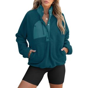 ANRABESS Women Fuzzy Fleece Pullover Sherpa Sweatshirt Long Sleeve Button Down Warm Soft Color Block Jackets with Pockets(Cyan)