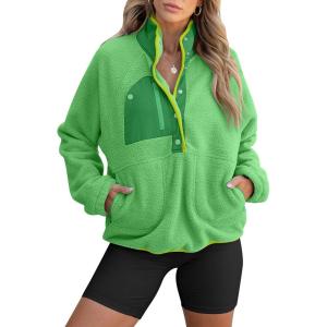 ANRABESS Women Fuzzy Fleece Pullover Sherpa Sweatshirt Long Sleeve Button Down Warm Soft Color Block Jackets with Pockets(Green)