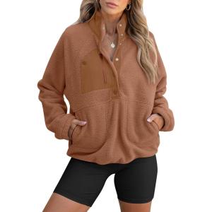 ANRABESS Women Fuzzy Fleece Pullover Sherpa Sweatshirt Long Sleeve Button Down Warm Soft Color Block Jackets with Pockets(Light Brown)