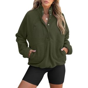 ANRABESS Women Fuzzy Fleece Pullover Sherpa Sweatshirt Long Sleeve Button Down Warm Soft Color Block Jackets with Pockets(Olive)