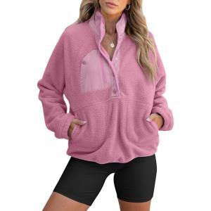 ANRABESS Women Fuzzy Fleece Pullover Sherpa Sweatshirt Long Sleeve Button Down Warm Soft Color Block Jackets with Pockets(Pink)