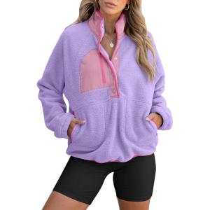 ANRABESS Women Fuzzy Fleece Pullover Sherpa Sweatshirt Long Sleeve Button Down Warm Soft Color Block Jackets with Pockets(Purple)