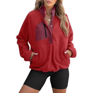 ANRABESS Women Fuzzy Fleece Pullover Sherpa Sweatshirt Long Sleeve Button Down Warm Soft Color Block Jackets with Pockets(Red)