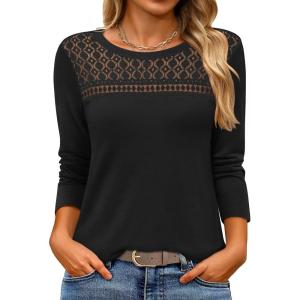ANRABESS Women Lace Tops Long Sleeve Shirts Eyelet Dressy Casual Blouses 2025 Fall Business Work Outfits(Black)