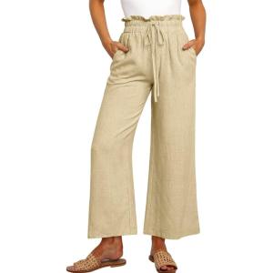 ANRABESS Women Linen Pants Casual Loose High Waist Boho Wide Leg Cropped Palazzo Beach Pants Summer Outfits 2025 Trendy(Apricot)