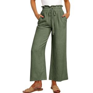 ANRABESS Women Linen Pants Casual Loose High Waist Boho Wide Leg Cropped Palazzo Beach Pants Summer Outfits 2025 Trendy(Army Green)