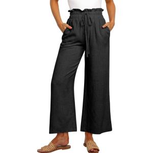 ANRABESS Women Linen Pants Casual Loose High Waist Boho Wide Leg Cropped Palazzo Beach Pants Summer Outfits 2025 Trendy(Black)