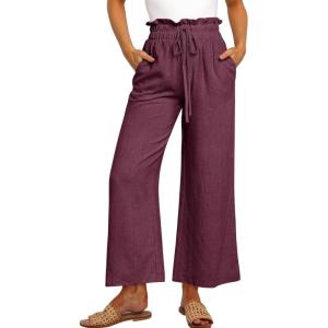 ANRABESS Women Linen Pants Casual Loose High Waist Boho Wide Leg Cropped Palazzo Beach Pants Summer Outfits 2025 Trendy(Purple)