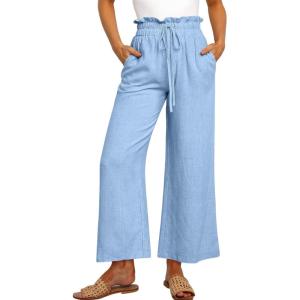 ANRABESS Women Linen Pants Casual Loose High Waist Boho Wide Leg Cropped Palazzo Beach Pants Summer Outfits 2025 Trendy(Sky)