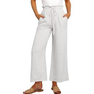 ANRABESS Women Linen Pants Casual Loose High Waist Boho Wide Leg Cropped Palazzo Beach Pants Summer Outfits 2025 Trendy(White)
