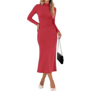 ANRABESS Women Long Sleeve Bodycon Dress Fall 2025 Mock Neck Formal Elegant Party Wedding Guest Cocktail Long Maxi Dresses(Red)