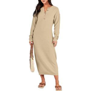 ANRABESS Women Long Sleeve Button V Neck Oversized Casual Loose Fit Waffle Knit Fall Midi Sweater Dress 2025 Trendy Outfits(Apricot)