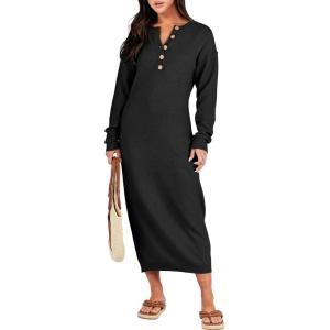 ANRABESS Women Long Sleeve Button V Neck Oversized Casual Loose Fit Waffle Knit Fall Midi Sweater Dress 2025 Trendy Outfits(Black)