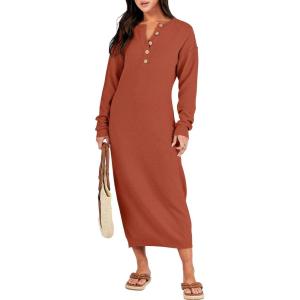 ANRABESS Women Long Sleeve Button V Neck Oversized Casual Loose Fit Waffle Knit Fall Midi Sweater Dress 2025 Trendy Outfits(Brick Red)