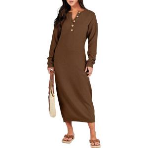 ANRABESS Women Long Sleeve Button V Neck Oversized Casual Loose Fit Waffle Knit Fall Midi Sweater Dress 2025 Trendy Outfits(Brown)