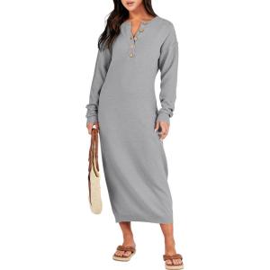 ANRABESS Women Long Sleeve Button V Neck Oversized Casual Loose Fit Waffle Knit Fall Midi Sweater Dress 2025 Trendy Outfits(Grey)