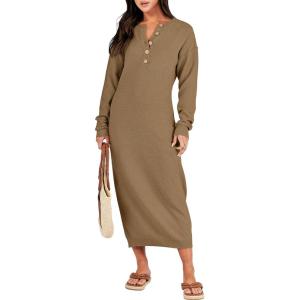ANRABESS Women Long Sleeve Button V Neck Oversized Casual Loose Fit Waffle Knit Fall Midi Sweater Dress 2025 Trendy Outfits(Khaki)