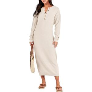 ANRABESS Women Long Sleeve Button V Neck Oversized Casual Loose Fit Waffle Knit Fall Midi Sweater Dress 2025 Trendy Outfits(Light Apricot)