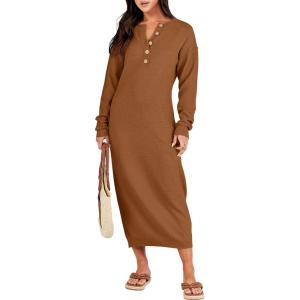 ANRABESS Women Long Sleeve Button V Neck Oversized Casual Loose Fit Waffle Knit Fall Midi Sweater Dress 2025 Trendy Outfits(Light Khaki)