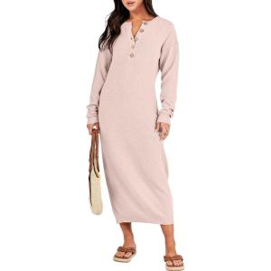ANRABESS Women Long Sleeve Button V Neck Oversized Casual Loose Fit Waffle Knit Fall Midi Sweater Dress 2025 Trendy Outfits(Light Pink)