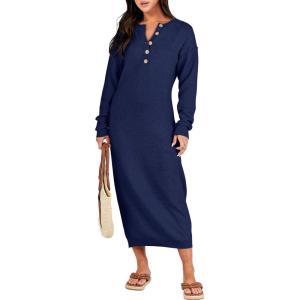 ANRABESS Women Long Sleeve Button V Neck Oversized Casual Loose Fit Waffle Knit Fall Midi Sweater Dress 2025 Trendy Outfits(Navy Blue)
