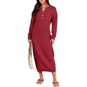 ANRABESS Women Long Sleeve Button V Neck Oversized Casual Loose Fit Waffle Knit Fall Midi Sweater Dress 2025 Trendy Outfits(Red)