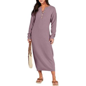 ANRABESS Women Long Sleeve Button V Neck Oversized Casual Loose Fit Waffle Knit Fall Midi Sweater Dress 2025 Trendy Outfits(Red Apricot)