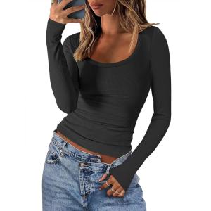 ANRABESS Women Long Sleeve Crop Tops Scoop Neck Ribbed Knit Tight Slim Fit 2025 Fall Going Out Sexy T-Shirts Basic Tee Shirts(Black)