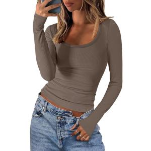 ANRABESS Women Long Sleeve Crop Tops Scoop Neck Ribbed Knit Tight Slim Fit 2025 Fall Going Out Sexy T-Shirts Basic Tee Shirts(Brown)