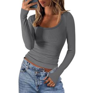 ANRABESS Women Long Sleeve Crop Tops Scoop Neck Ribbed Knit Tight Slim Fit 2025 Fall Going Out Sexy T-Shirts Basic Tee Shirts(Deep Grey)