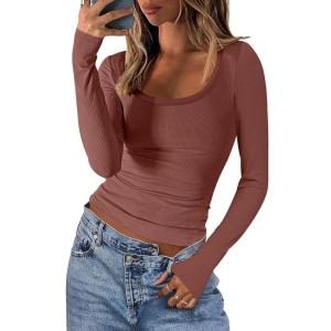 ANRABESS Women Long Sleeve Crop Tops Scoop Neck Ribbed Knit Tight Slim Fit 2025 Fall Going Out Sexy T-Shirts Basic Tee Shirts(Maroon)