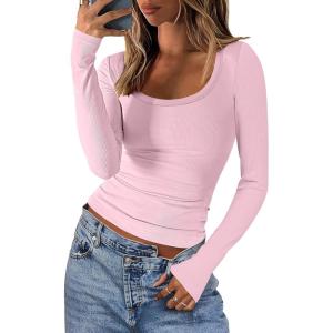 ANRABESS Women Long Sleeve Crop Tops Scoop Neck Ribbed Knit Tight Slim Fit 2025 Fall Going Out Sexy T-Shirts Basic Tee Shirts(Pink)