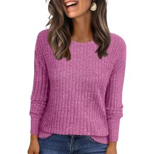 ANRABESS Women Long Sleeve Shirts Business Casual Tunic Tops Fall Lightweight Sweaters Dressy Blouses 2025 Fashion Outfits(Hot Pink)