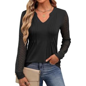 ANRABESS Women Long Sleeve Shirts V Neck Pleated Tunic Top Business Dressy Casual Blouse 2025 Fall Fashion Outfits(Black)