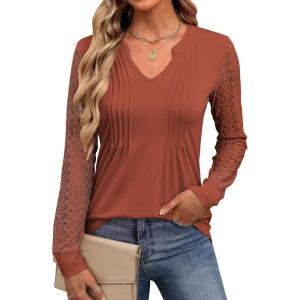 ANRABESS Women Long Sleeve Shirts V Neck Pleated Tunic Top Business Dressy Casual Blouse 2025 Fall Fashion Outfits(Brown)