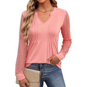 ANRABESS Women Long Sleeve Shirts V Neck Pleated Tunic Top Business Dressy Casual Blouse 2025 Fall Fashion Outfits(Coral Pink)