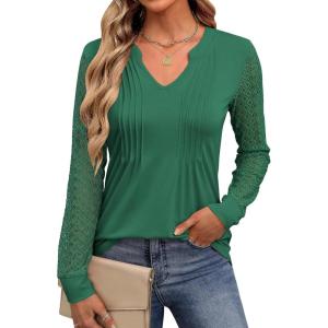 ANRABESS Women Long Sleeve Shirts V Neck Pleated Tunic Top Business Dressy Casual Blouse 2025 Fall Fashion Outfits(Green)
