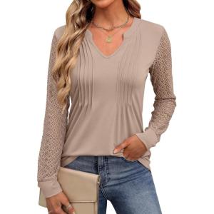 ANRABESS Women Long Sleeve Shirts V Neck Pleated Tunic Top Business Dressy Casual Blouse 2025 Fall Fashion Outfits(Khaki)