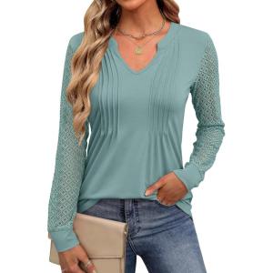 ANRABESS Women Long Sleeve Shirts V Neck Pleated Tunic Top Business Dressy Casual Blouse 2025 Fall Fashion Outfits(Lake Green)