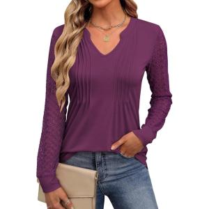 ANRABESS Women Long Sleeve Shirts V Neck Pleated Tunic Top Business Dressy Casual Blouse 2025 Fall Fashion Outfits(Purple)