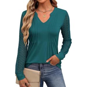 ANRABESS Women Long Sleeve Shirts V Neck Pleated Tunic Top Business Dressy Casual Blouse 2025 Fall Fashion Outfits(Teal)