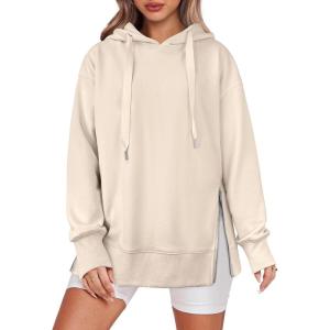ANRABESS Women Oversized Hoodies Side Zipper Fleece Long Sweatshirts Lightweight Tunic Pullover 2025 Fall Trendy Clothes(Apricot)