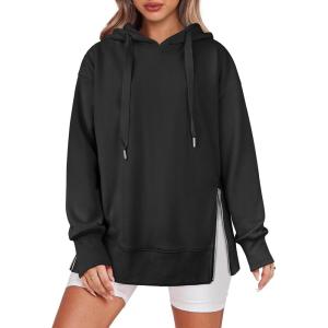 ANRABESS Women Oversized Hoodies Side Zipper Fleece Long Sweatshirts Lightweight Tunic Pullover 2025 Fall Trendy Clothes(Black)