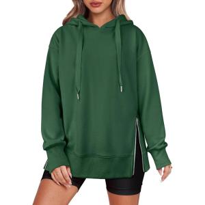 ANRABESS Women Oversized Hoodies Side Zipper Fleece Long Sweatshirts Lightweight Tunic Pullover 2025 Fall Trendy Clothes(Deep Green)