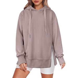 ANRABESS Women Oversized Hoodies Side Zipper Fleece Long Sweatshirts Lightweight Tunic Pullover 2025 Fall Trendy Clothes(Khaki)