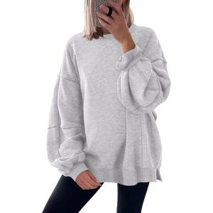 ANRABESS Women Oversized Long Sleeve Sweatshirts Crewneck Side Slit Loose Teen Girl Pullover Top 2025 Fall Y2K Trendy Outfits Light Grey X-Large