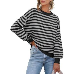 ANRABESS Women Oversized Striped Sweaters Long Sleeve Crewneck Casual Side Slit Pullover Tops 2025 Fall Winter Trendy Outfits(Black Grey)