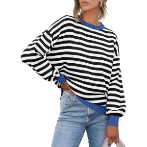 ANRABESS Women Oversized Striped Sweaters Long Sleeve Crewneck Casual Side Slit Pullover Tops 2025 Fall Winter Trendy Outfits(Black White)